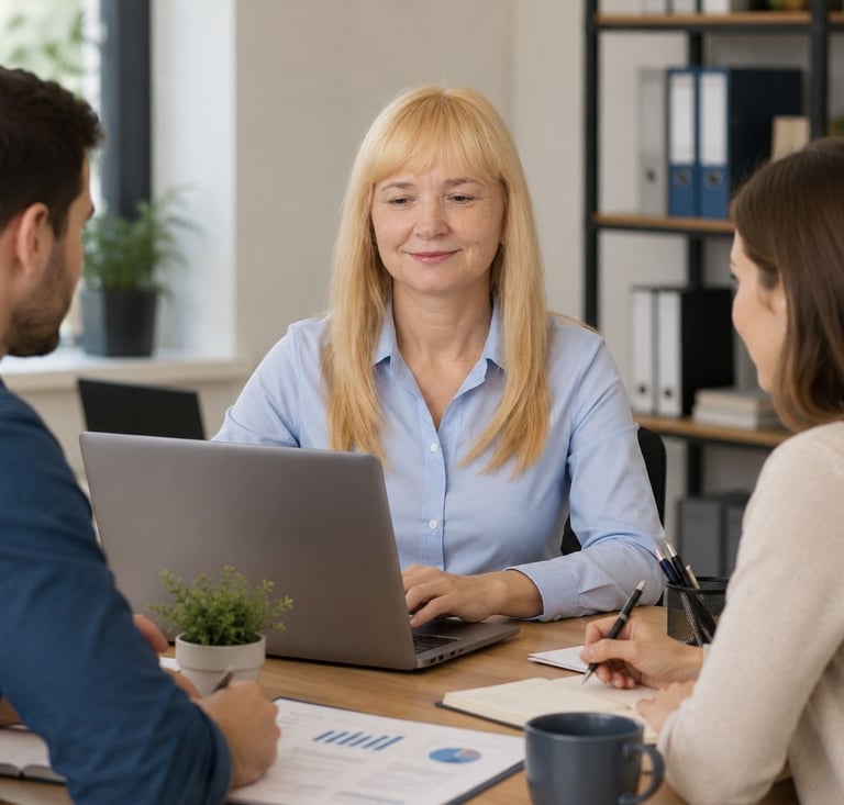 A woman advises clients.