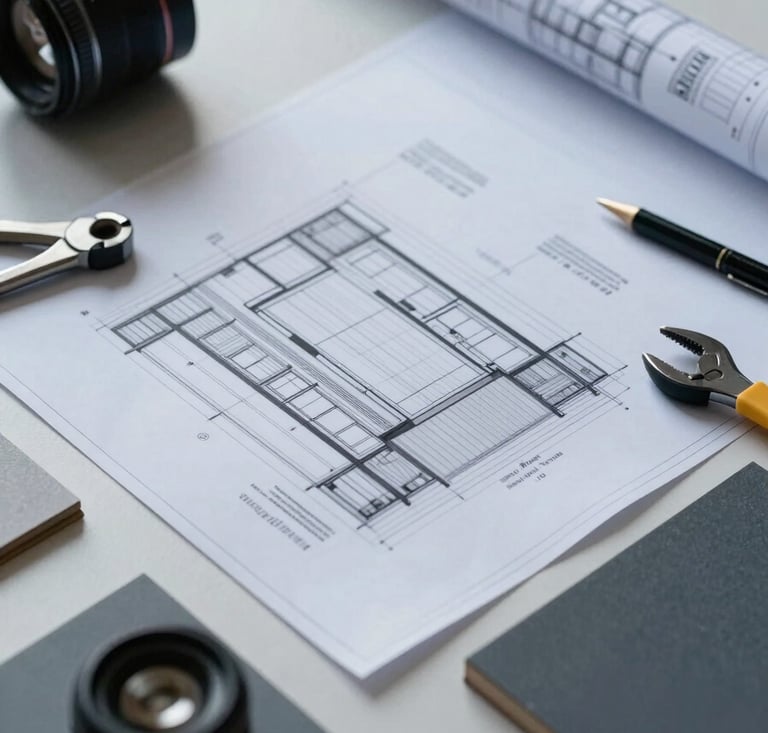 An elegant composition of architectural blueprints and modern building materials on a clean surface, featuring professional tools and a subtle slate blue and charcoal color palette, refined craftsmanship mood, Southern European / Italian office.