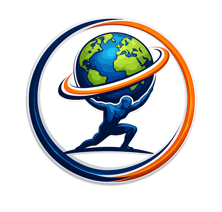 A blue Atlas figure holding a globe inside a circular orange and blue ring logo.