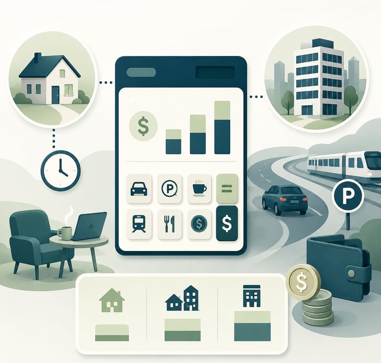 A financial calculator illustration showing living expenses like housing, transit, and food for budget planning.