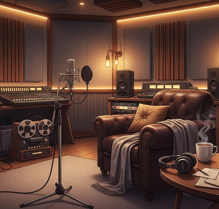 Cozy vintage recording studio with guitar, microphone and coffee cup.