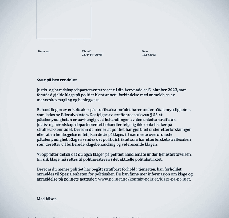 Document form The Norwegian Ministry of Justice, about Zainab Abdulkarim Ali in Oslo - Norway