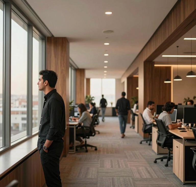 Modern office workspace with professionals collaborating over documents.