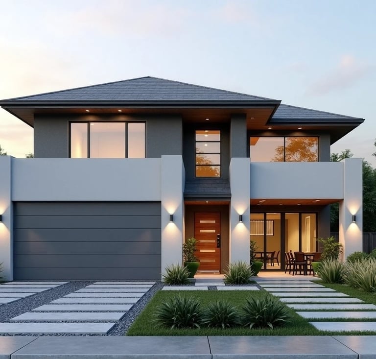 a modern house with a large driveway and concrete slab walkway