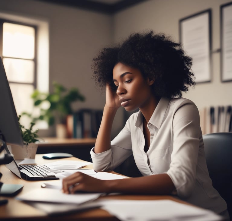 a woman sitting at a desk with a laptop and a computer
