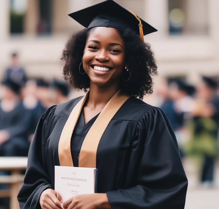 a woman in a graduation gown and a graduation cap