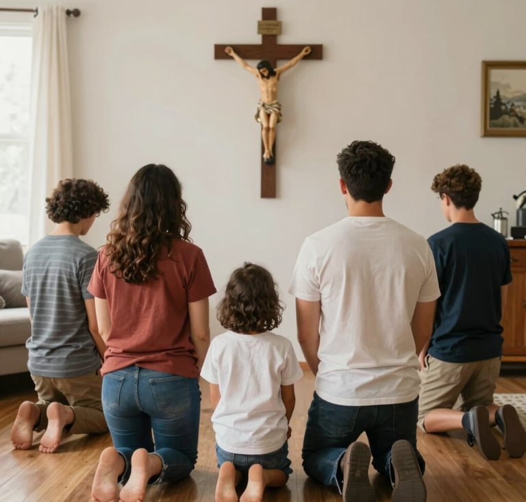 An animation of a family praying before a crucifix