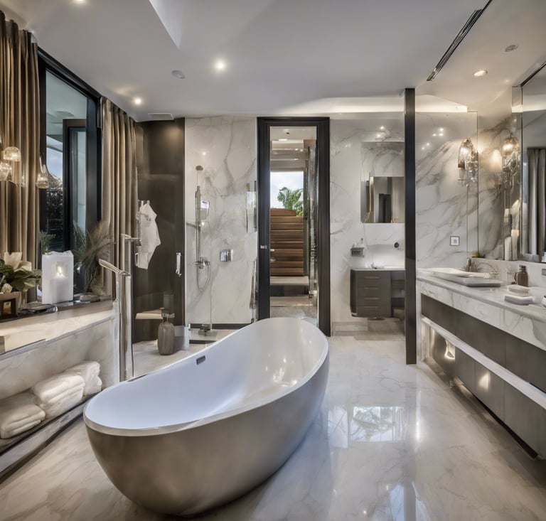 a bathroom with a tub tub and a large mirror