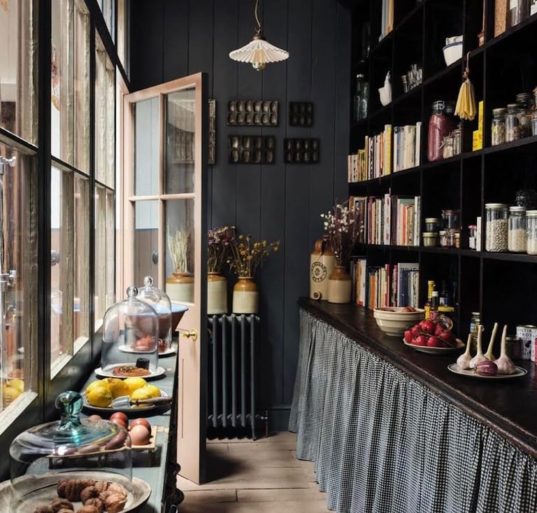 A food storage area with a long under-counter curtain, hideaway curtain
