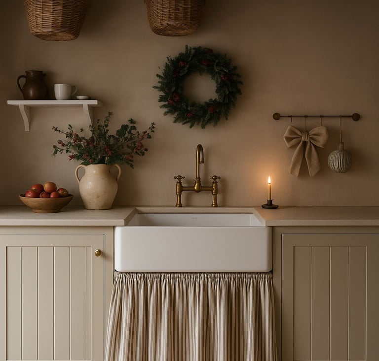 pretty country kitchen with a sink skirt beneath the sink
