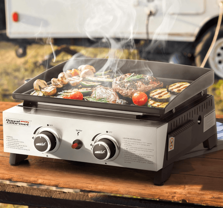 camping 2 burner griddles with meat and vegetables