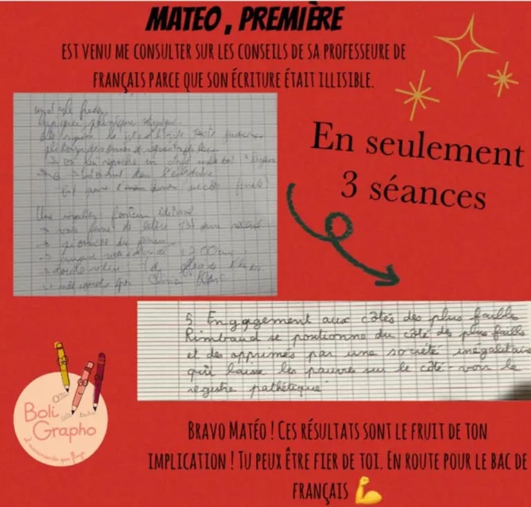 élève de première : après 3 séances une écriture lisible, fluide, sans douleurs et le plaisir 