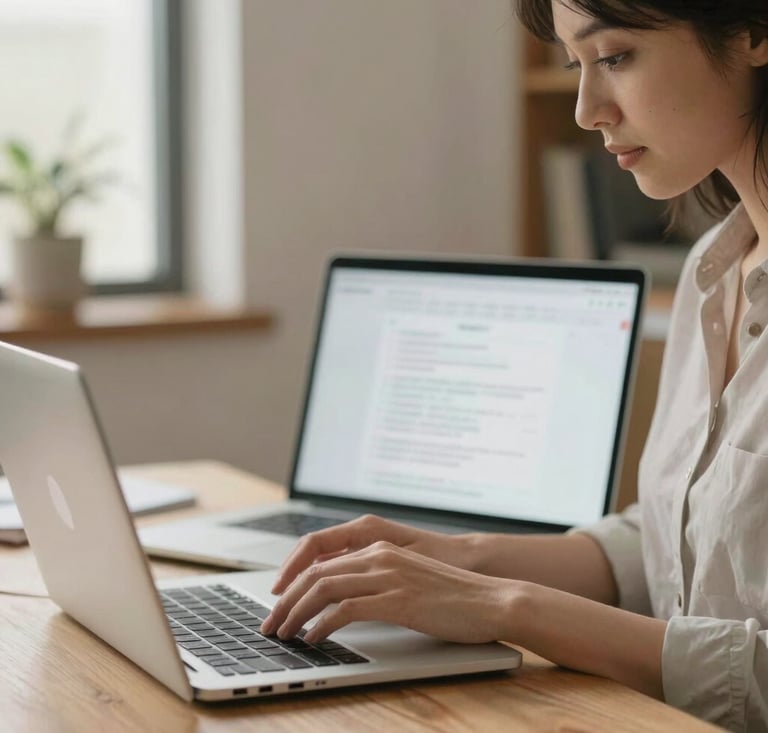 A cozy workspace with a laptop and a cup of coffee, inviting you to send a message.
