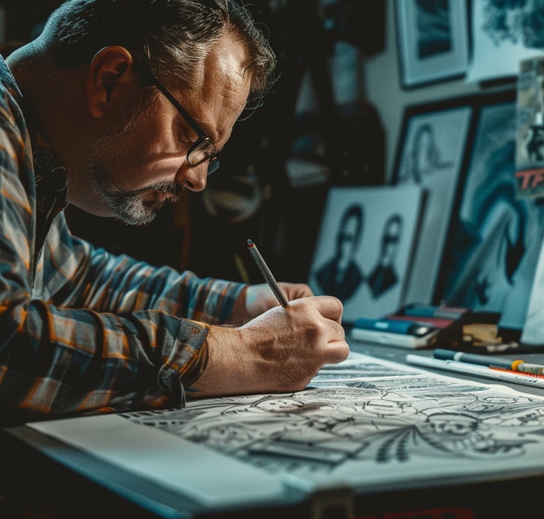 a man is sitting at a desk with a pencil and pencil