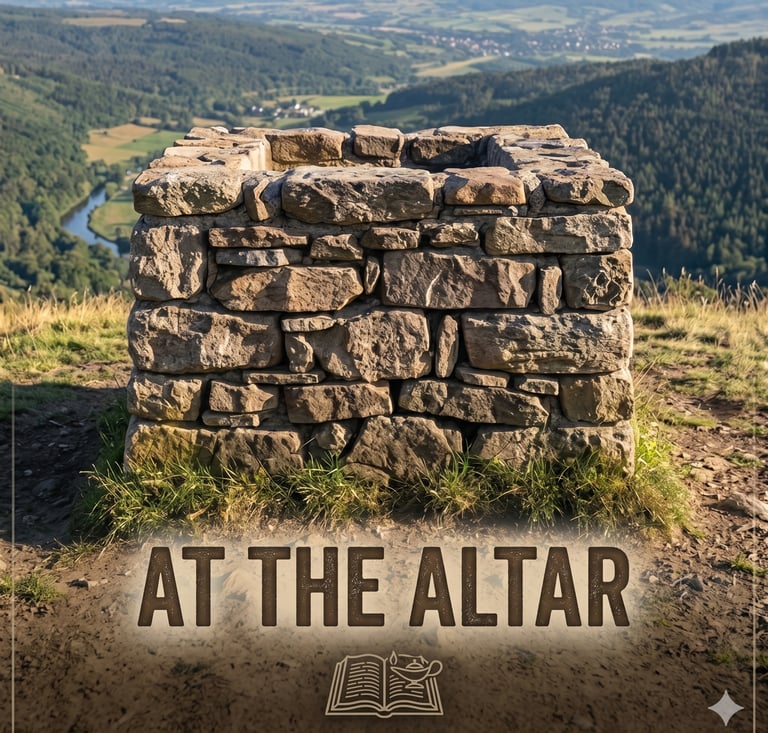Stone altar on a hilltop representing At The Altar Media, a Christian publishing and media company.