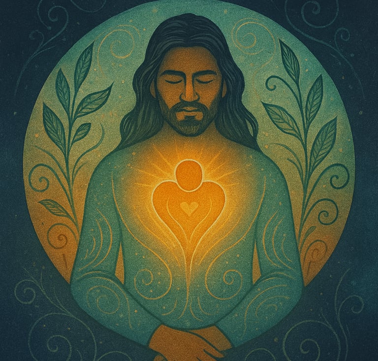 Man in contemplative pose with eyes closed - hands folded, heart in chest radiant
