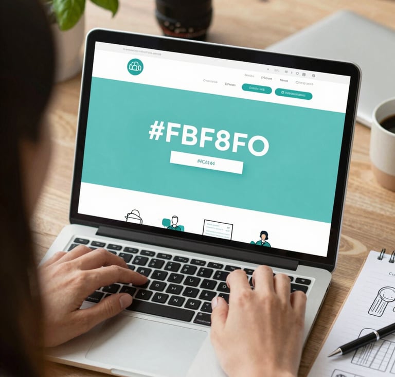 A top-down shot of a digital marketing professional's workspace with a warm, scandinavian aesthetic. Includes a laptop, a camera lens, a sprig of fresh basil, and a sketchpad with social media layout designs. The mood is professional and creative, featuring #FBF8F0 and #3C614C accents.
