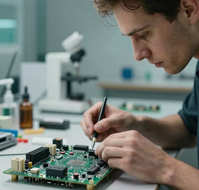 A close-up of a skilled professional in a modern European / French technical studio, carefully inspecting a circuit board. The atmosphere is innovative, with soft misted teal accents in the lighting and a clean, professional workspace.