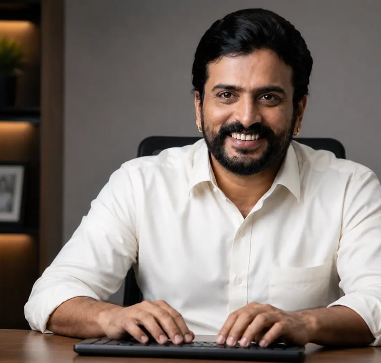 Smiling businessman Nigiil Akkara in a white shirt typing on a keyboard at a modern office desk.