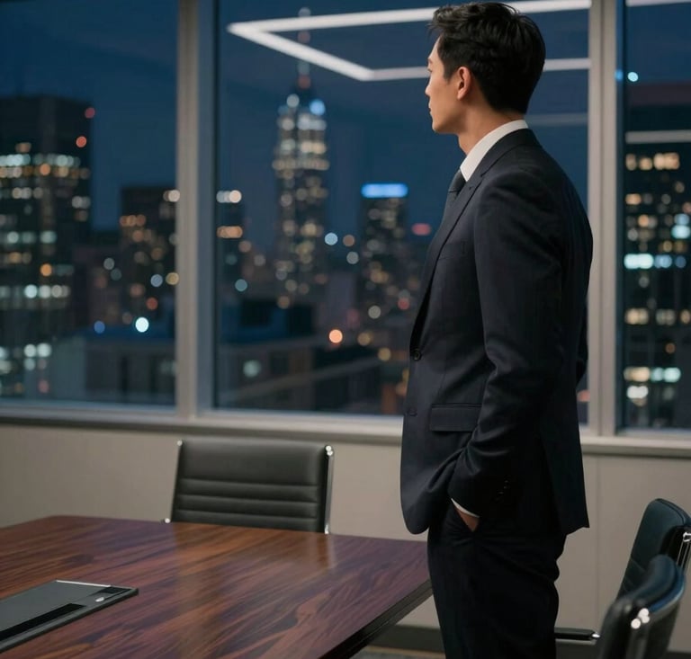 A professional in a dark tailored suit standing in a sleek, dimly lit North American / Western boardroom, looking out a large window at a dark midnight blue city skyline.