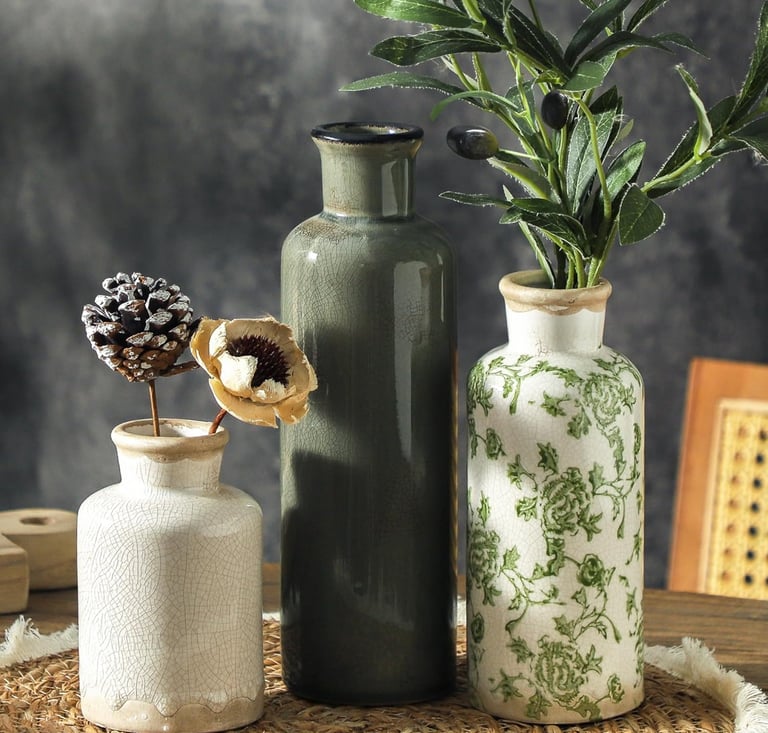 Vintage Vase Set of 3, Ceramic Vintage Flower Vases, Chinoiserie Decorative Home Decor Retro Floral 