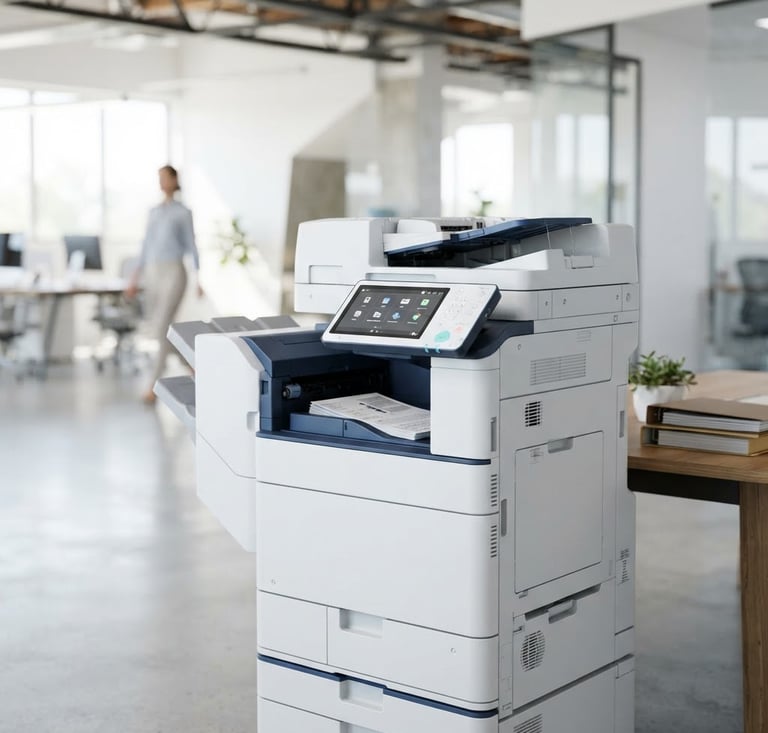 Medium-close shot of a modern multifunction office printer in a bright corporate space, crisp details, professional blue and white tones