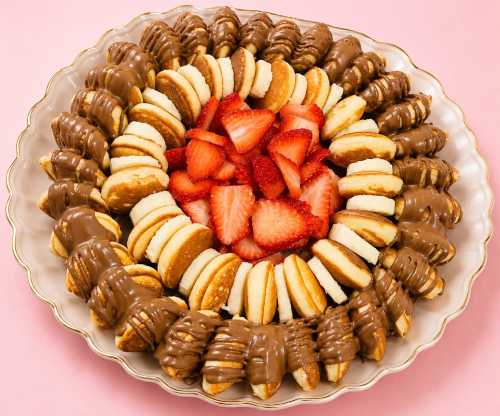 Un plato de mini panqueques con fresas frescas, rodajas de plátano y nutella.