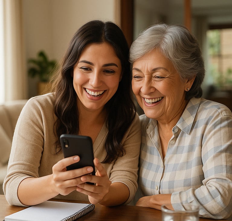 Mujer joven y adulta mayor sonríen mientras miran un celular, representa aprendizaje compartido y motivación para emprender j
