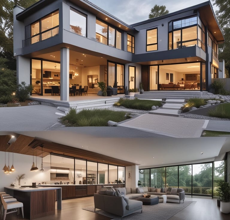 a collage of a house with a large open concept