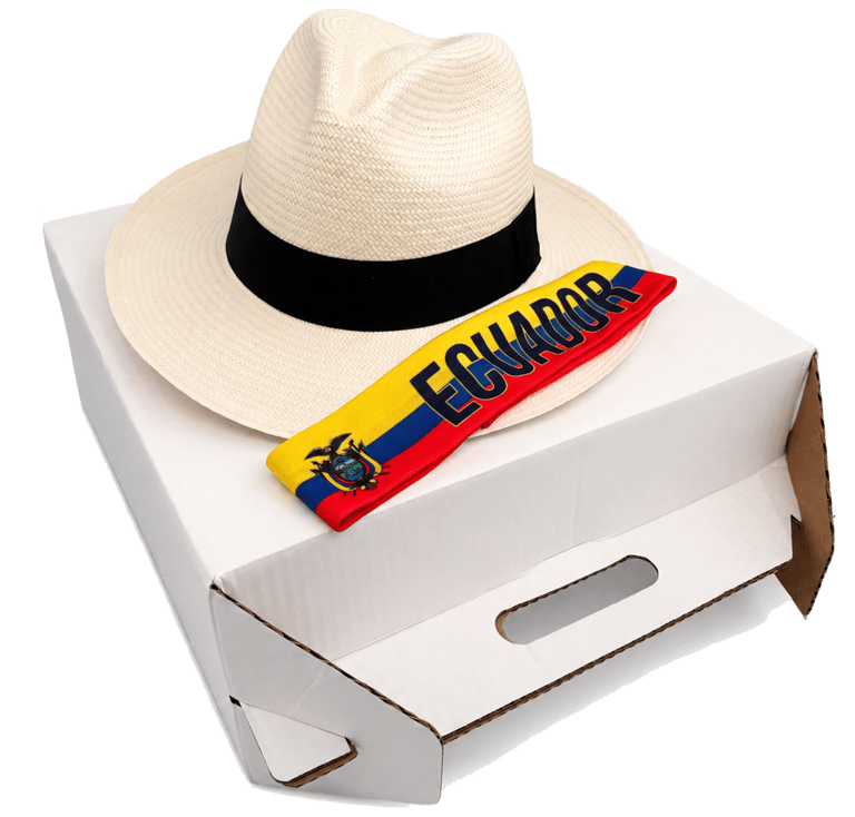 Sombrero de Paja Toquilla Cinta sobre Caja Maletin y Cinta Bandera del Ecuador
