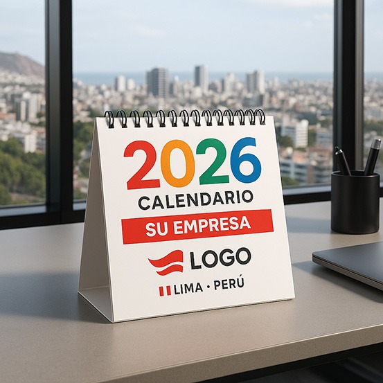 Calendario de escritorio personalizado 2026 con logo de empresa en Lima, Perú