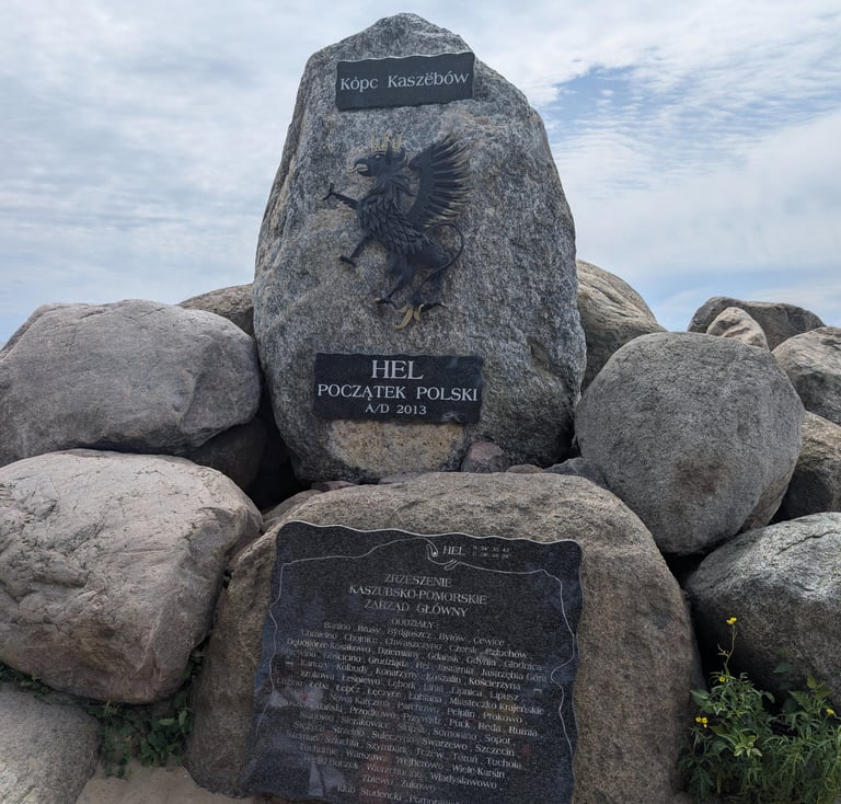 Stone monument in Hel marking the symbolic beginning of Poland with historic engraving