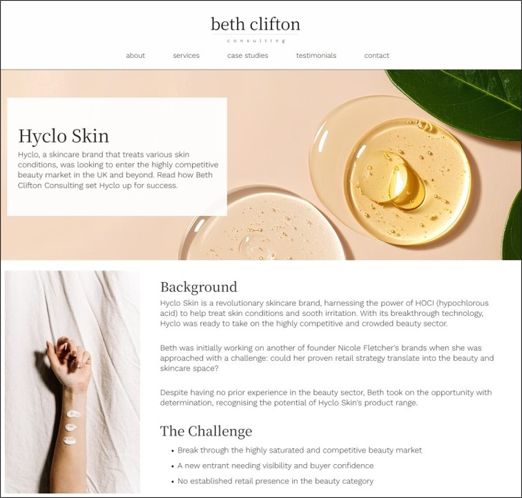 Screenshot of Hyclo Skin case study, showing beauty aesthetic on Beth Clifton Consulting's website