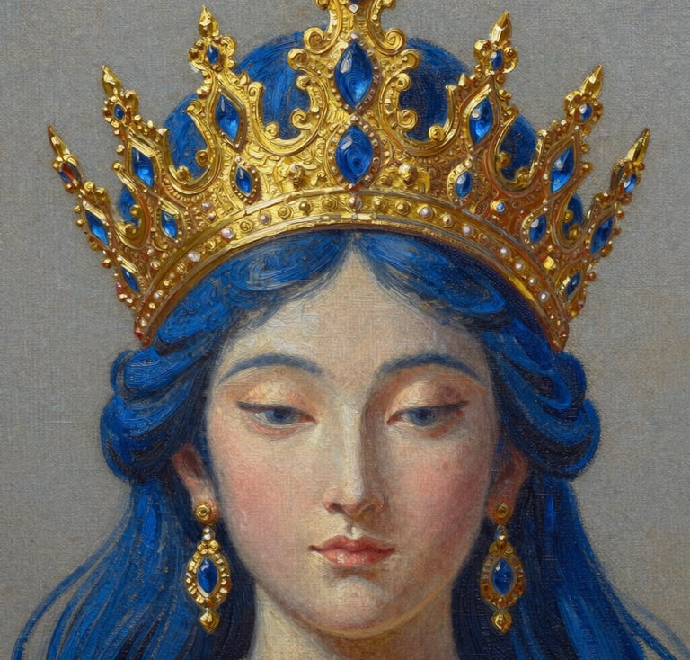 Close-up of a detailed oil painting showing the intricate golden patterns and deep blue textures of a majestic goddess's crown, rich canvas grain, soft side lighting