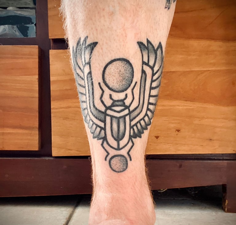 Scarab tattoo in dotwork on leg — Hurghada Tattoo Studio