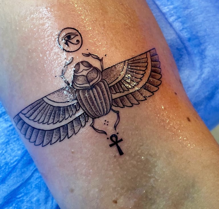 Scarab tattoo in dotwork on forearm — Hurghada Tattoo Studio