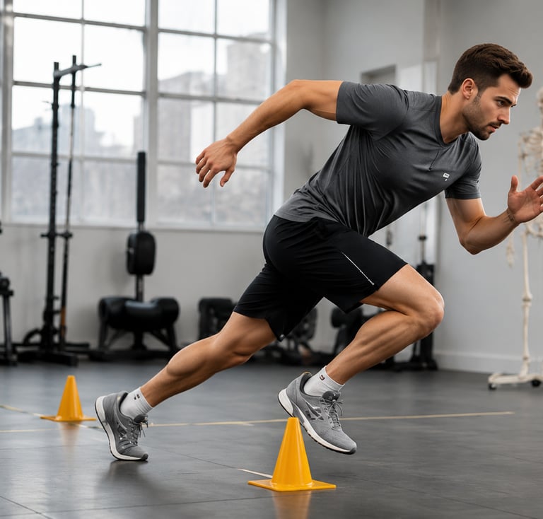 Athletic man performing agility drills with yellow cones in a modern fitness gym.
