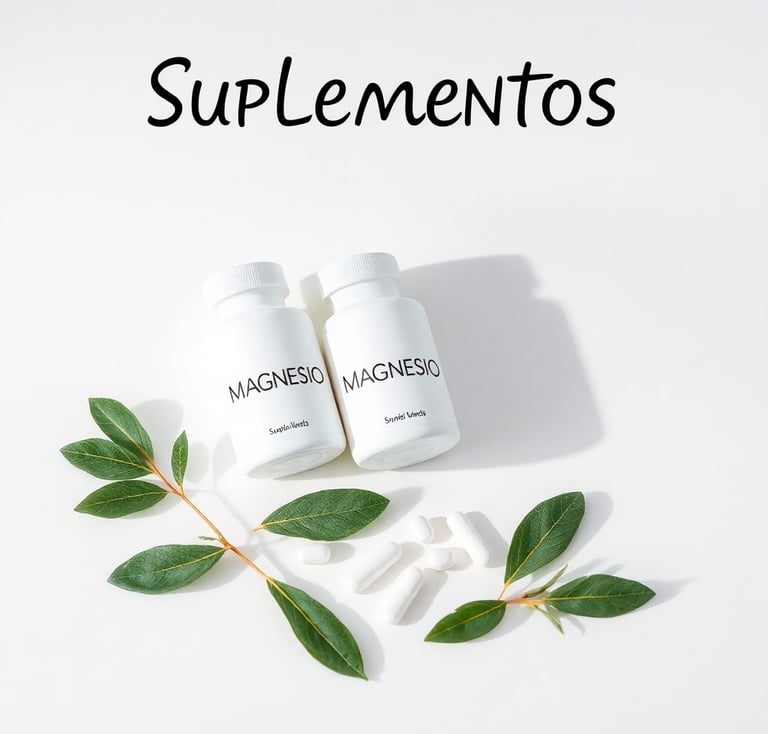 Frascos de suplemento de magnesio sobre superficie blanca con elementos naturales