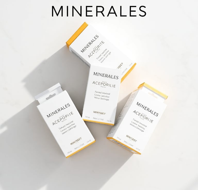 Cajas de suplementos minerales dispuestas en diagonal, suplementos minerales tipo farmacéutico