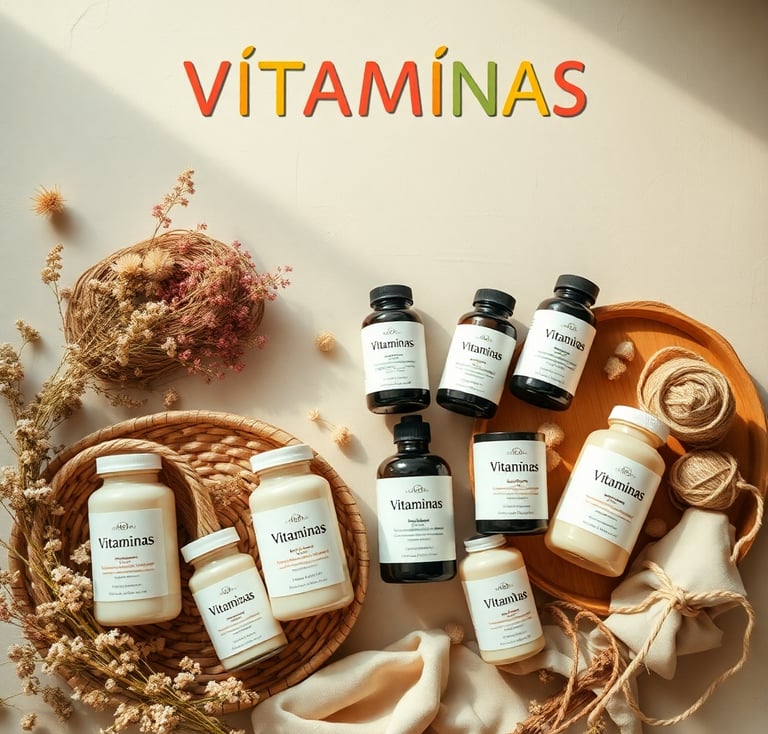 Colección de suplementos vitamínicos naturales sobre fondo beige, frascos de vitaminas orgánica