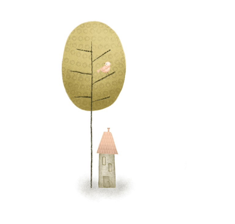 Whimsical house, tree and bird illustration for luxury paper stationery.