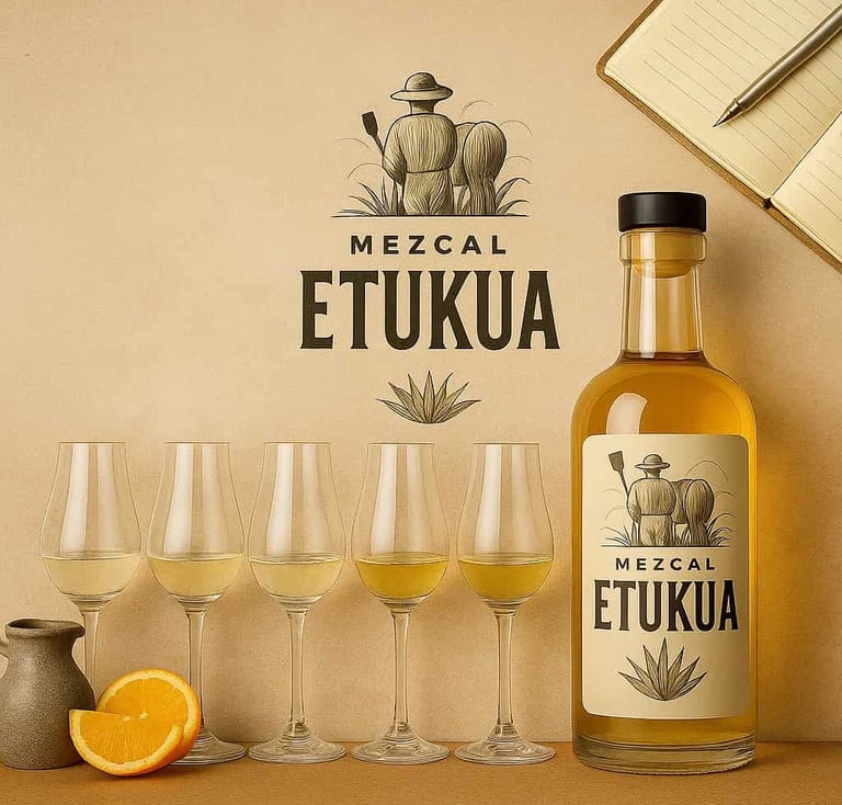 Diferentes copas con mezcal alineadas en una secuencia de cata, mostrando variaciones de color