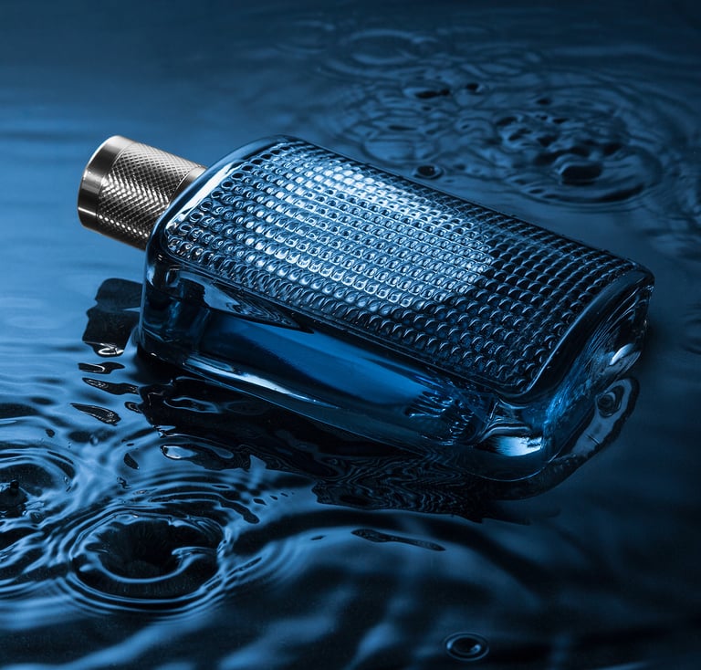 Bottle of perfume laying in water