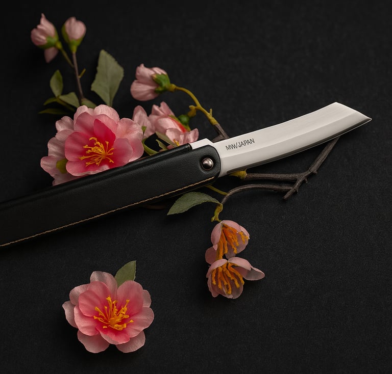 Elegantes japanisches Klappmesser von MMV Japan neben rosa Kirschblütenzweigen, Produktfoto auf schw