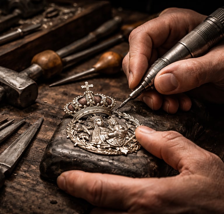 Manos de joyero trabajando una medalla para cofradía en taller de joyería religiosa