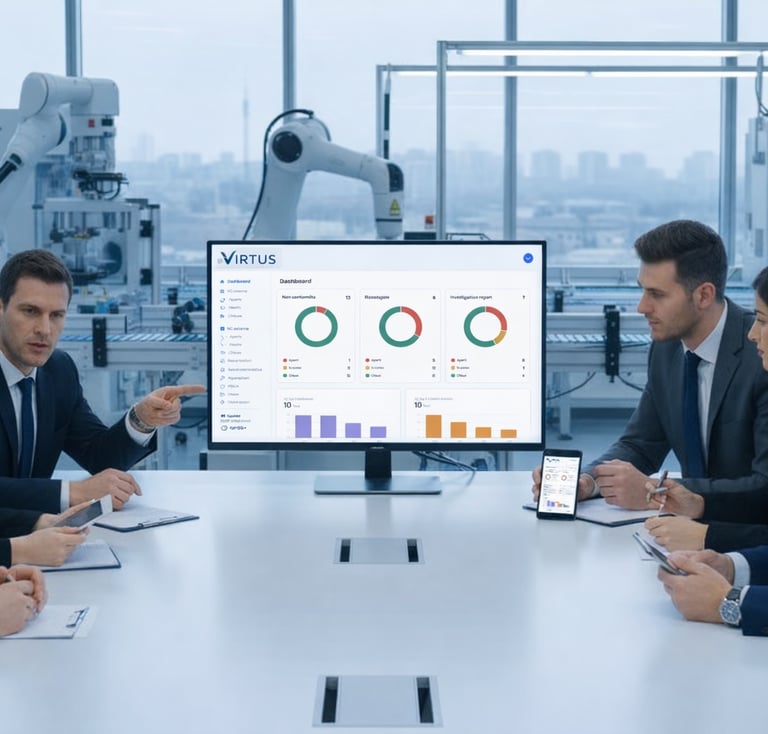 Business team in a boardroom viewing data analytics on a monitor in a high-tech robotic factory.