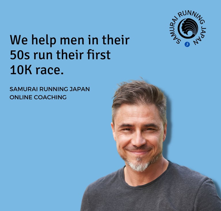 Image of smiling man with the text: "We help men in their 50s run their first 10K race."