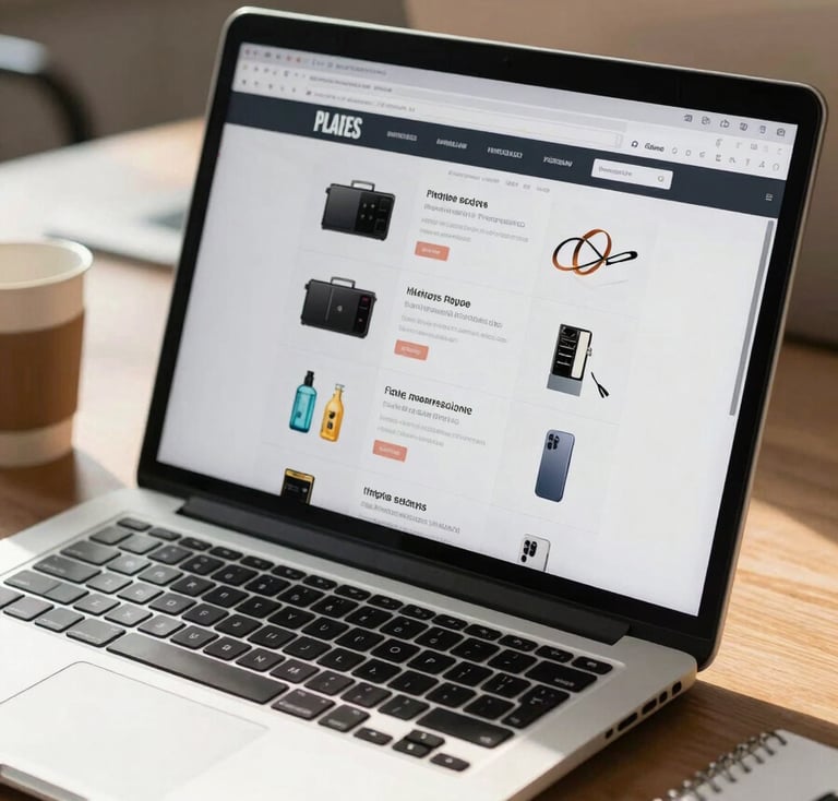 Close-up of a laptop screen on a busy office desk showing a completed e-commerce website with product listings, bright overhead daylight, coffee cup and notebook partially visible at the edge, sharp focus on the screen interface