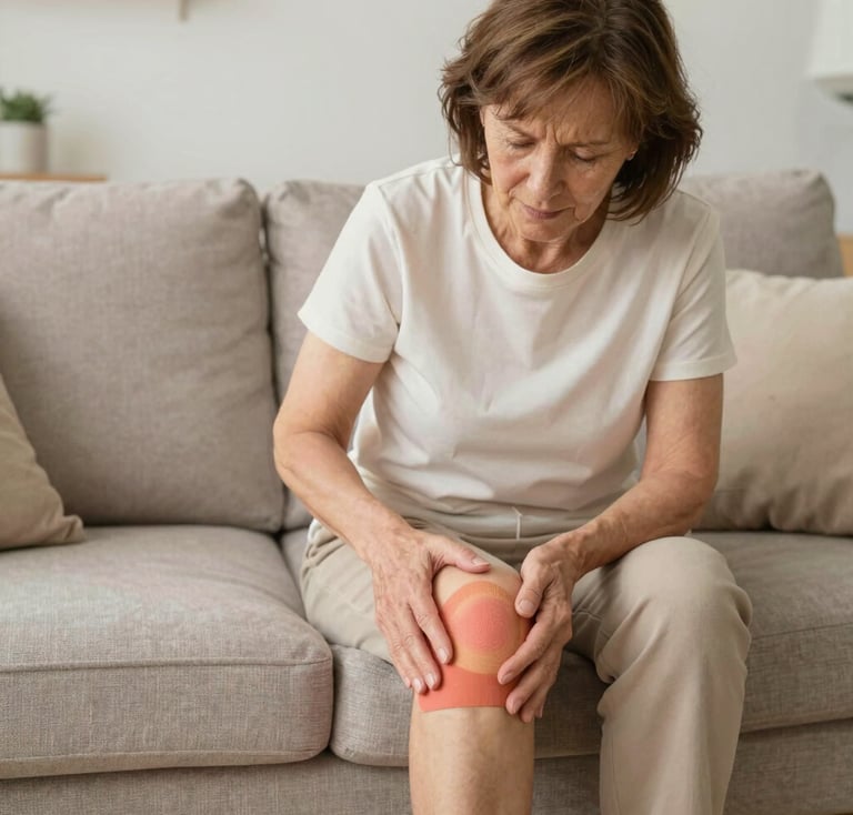 Mulher aplicando compressa no joelho para aliviar a dor em casa