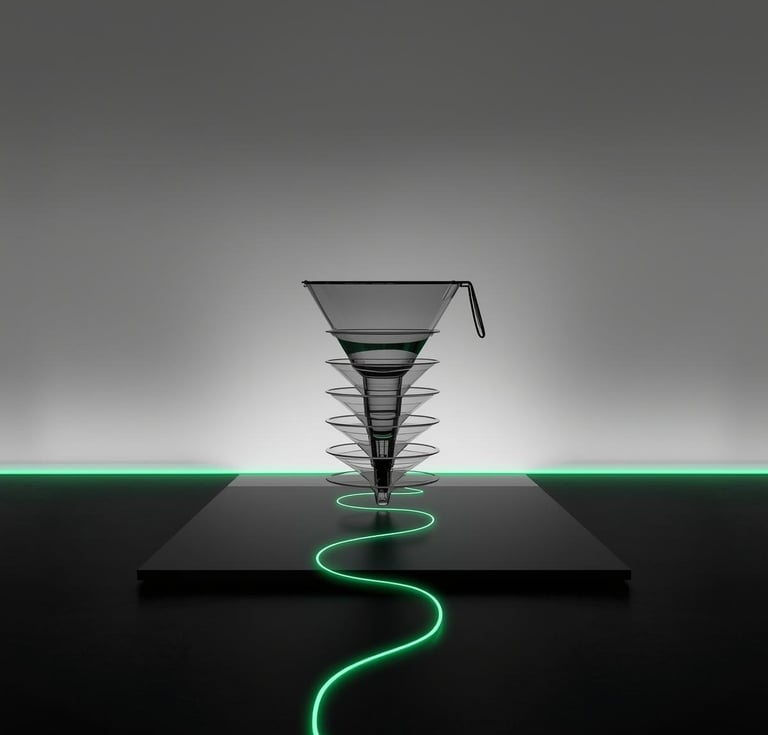 Editorial image using a funnel metaphor to represent an evergreen sales funnel system.